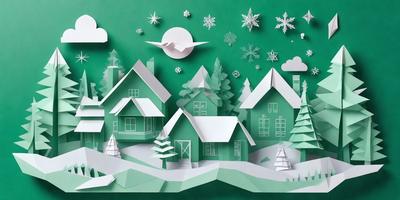 The primary subject of the image is a green and white paper cutout of a snowy village. The setting is a winter scene with a snow-covered village, and the visual style is a paper cutout. The colors and mood are predominantly green and white, giving the scene a cozy and festive atmosphere.